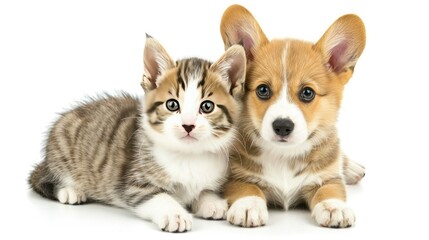 Obraz premium Sweet corgi puppy and kitten sitting side by side, isolated on white. Heartwarming animal companionship.