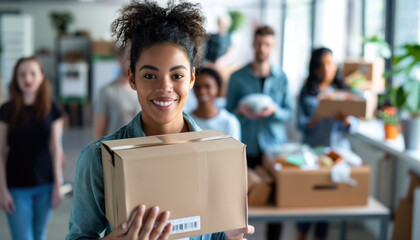 Smiling young woman holding cardboard box with volunteers in background at community center. Volunteering, charity work, teamwork, helping others, community service, donation concept.