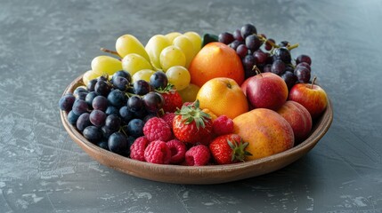 Vibrant fruit platter in eco-friendly bowl on gray surface. Fresh and nutritious snack assortment.