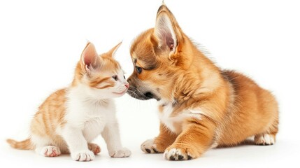 Obraz premium Welsh corgi puppy and red kitten enjoying each other's company on a white background. Adorable pet duo.