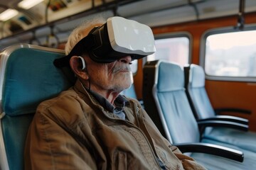 Elder man using virtual reality goggles on a train