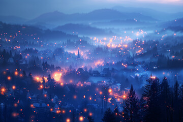Obraz premium A city in the mountains, lights glowing like fireflies all over town. Night time, foggy, winter forest. This scene conveys tranquility and mystery, as if taken from fairy tales.
