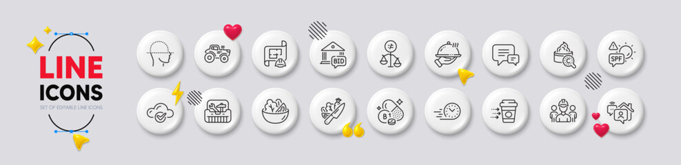 Restaurant food, Tractor and Work home line icons. White buttons 3d icons. Pack of Engineering plan, Fast delivery, Discrimination icon. Toolbox, Collagen skin, Engineering team pictogram. Vector