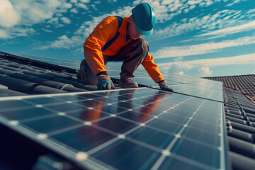 A technician wearing protective gear installs solar panels on a tiled roof under a partly cloudy blue sky. 