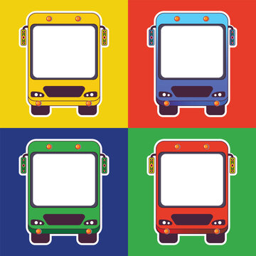 set of buses in front view, bus photo booth in different colors