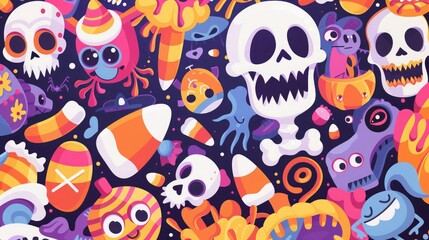 Halloween-themed background with cartoon candy corns, smiling skeletons, and friendly monsters in bright pastel hues, perfect for text placement