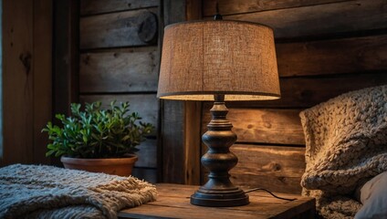 A rustic table lamp made from reclaimed wood and iron