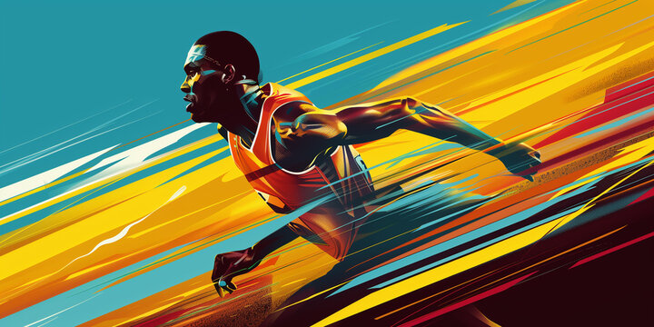 Male sprinter athlete running conceptual art. Abstract colorful athletics illustration