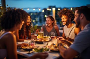 Happy Group Of Friends Enjoying Dinner And Drinks On Rooftop Restaurant With City Lights In Background