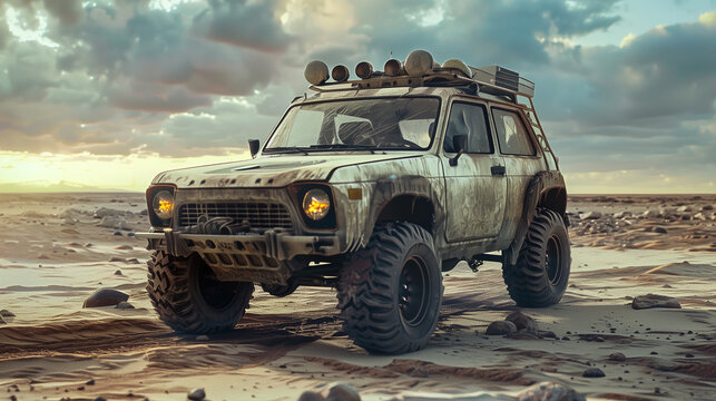 post-apocalyptic, modified niva, generative AI