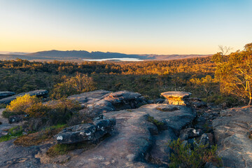 Grampians mountains vista landscape viewed towards Wartook Reservoir from the Reeds Lookout, during sunset, Victoria, Australia