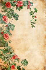 watercolor vintage scrapbook junk journal page, copy space in center, watercolor clipart of Ivy Geranium vine at corner border on parchment paper, vintage art, for Junk Journal, Digital Paper