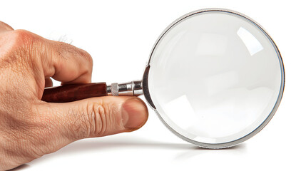 Fototapeta premium Hand holding magnifying glass on white background