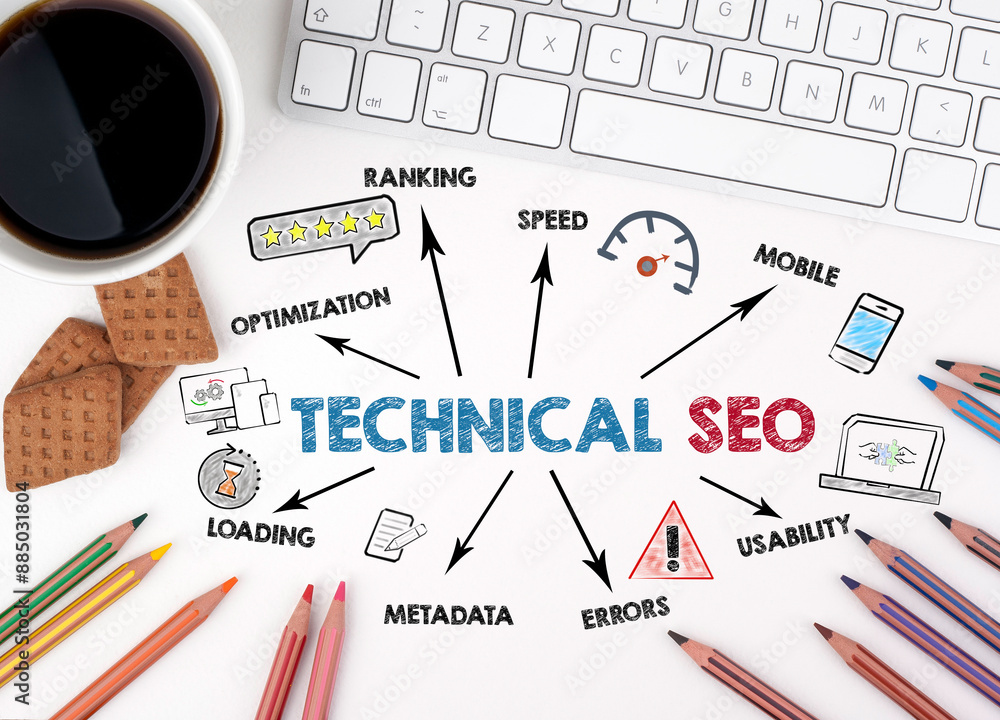 Canvas Prints technical seo concept. chart with keywords and icons. white office desk
