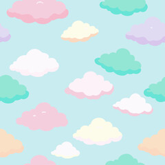 The design features a seamless pattern of vivid clouds against a blue backdrop