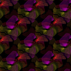 Abstract simple seamless pattern with beautiful multi-colored line shapes on a dark background.