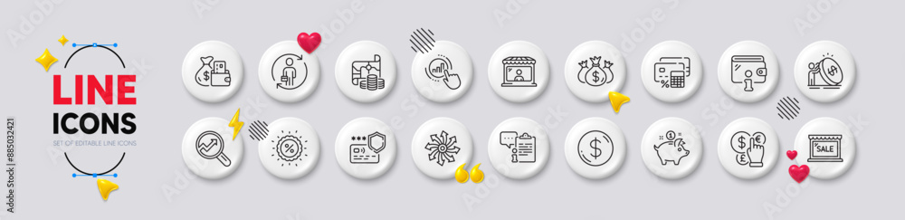 Poster graph chart, wallet and versatile line icons. white buttons 3d icons. pack of treasure map, saving m
