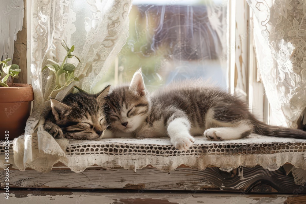 Wall mural adorable kitten and puppy cuddling on rustic windowsill soft natural light vintage lace curtains and