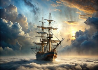 Fototapeta premium A majestic vessel sails through a whimsical sea of puffy white clouds, with intricate rigging and weathered sails, surrounded by a subtle misty atmosphere.