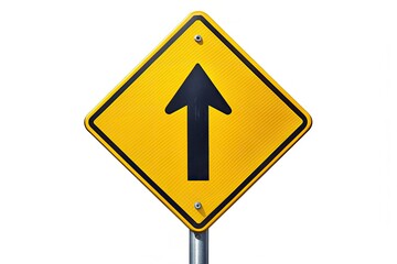 Vibrant yellow road sign with bold black letters and arrows mounted on a silver post stands out against a transparent background, ready for design integration.