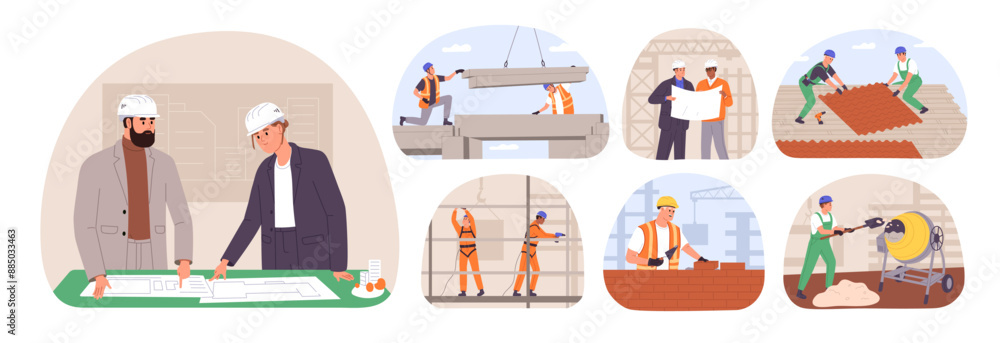 Aufkleber people working on building site set. constructors assemble houses. builder and engineer look at draf