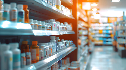 Fototapeta premium A drug store with medicine bottles lined up beautifully on the shelves. on a blurred background Concept of selling medicines, medical supplies, dietary supplements, medical equipment Close-up photo