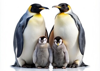 Fototapeta premium Isolated on transparent background, an adorable emperor penguin family stands together, showcasing tender bonding, with the chick nestled between devoted parents' protective feathers.