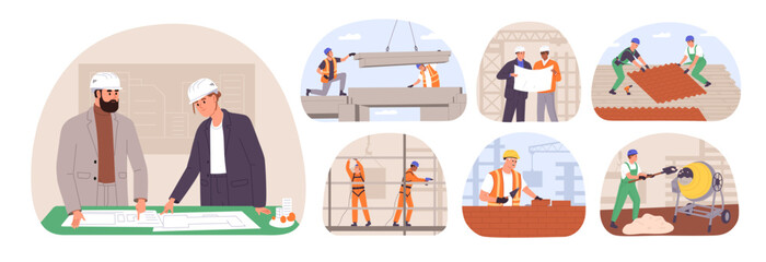 People working on building site set. Constructors assemble houses. Builder and engineer look at draft. Foremen, workers install construction. Flat isolated vector illustrations on white background