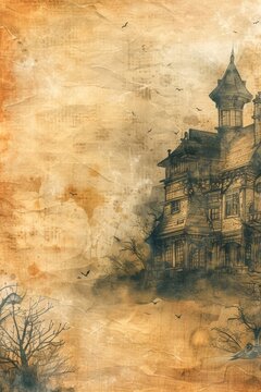 watercolor vintage scrapbook junk journal page, copy space in center, watercolor clipart of Haunted house at bottom corner on parchment paper, vintage art, for Junk Journal, Digital Paper, Printable 