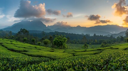 Fototapeta premium panorama of the tea plantations at sunset - Sri Pada peak in the background 