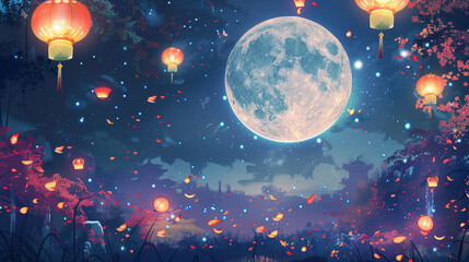 Mid-autumn festival background banner, image of a big full moon in the night sky, surrounded by colorful lanterns, Ai generated Images
