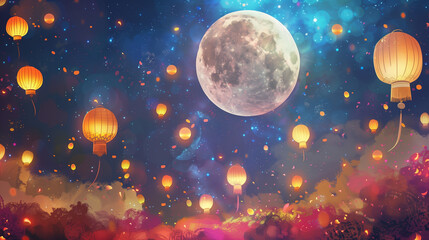 Mid-autumn festival background banner, image of a big full moon in the night sky, surrounded by colorful lanterns, Ai generated Images