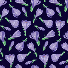 Vector seamless pattern with spring crocus flowers on a dark blue background