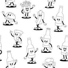 Vector seamless pattern with linear retro mascot characters walking glass bottles with drink and various fast food