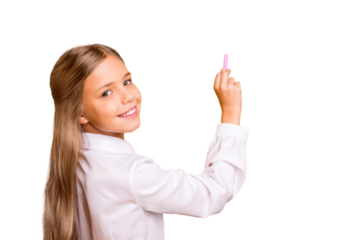 Close-up profile side view portrait of her she nice attractive genius brainy smart clever straight-haired pre-teen girl nerd writing information isolated on bright vivid shine yellow background