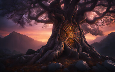 Ancient, enchanted tree with glowing runes carved