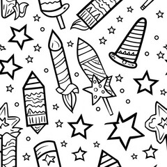 A 4th of July fireworks coloring page for kids, capturing patriotic celebration