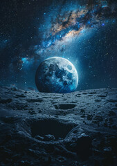 A panorama from the moon's perspective, featuring the Earth rising above the lunar landscape with stars in the background.