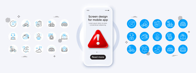 Empower, Sports stadium and Mountain flag line icons. Phone mockup with 3d danger icon. Pack of Timer, Winner, Leadership icon. Bike attention, Best friend, Arena stadium pictogram. Vector © blankstock