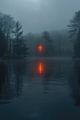 Neon Cross on a Misty Lake