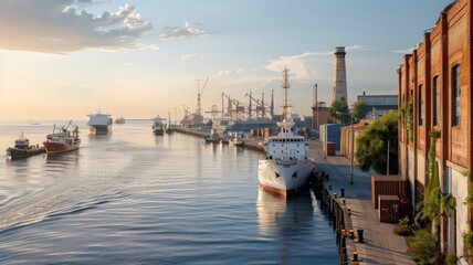 Fototapeta premium A panoramic view of a sprawling seaport, showcasing its vast network of docks, warehouses, and cargo ships.