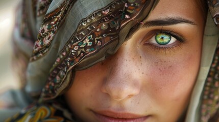 Ethereal Beauty - Enchanting Girl with Green Eyes in Intricate Headscarf Embracing Cultural Elegance
