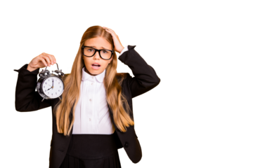 Portrait of beautiful sad kid hold hand clock have stylish trendy jacket long haircut isolated over yellow background