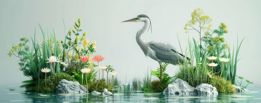 Biodiversity flat design side view wetland wildlife 3D render colored pastel