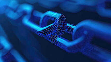 Close-up of blue digital chain links with binary code, symbolizing blockchain technology and data security on a dark background.