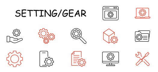Setting gear set icon. Gear, hand, magnifying glass, computer, phone, wrench, folder, cube, software, tools, configuration, system.