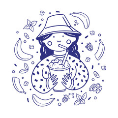 Girl drinking a milkshake. Pretty girlie in panama among bananas. Fruit drink. Design element for clothes, postcards, cafe menu. Vector linear illustration.