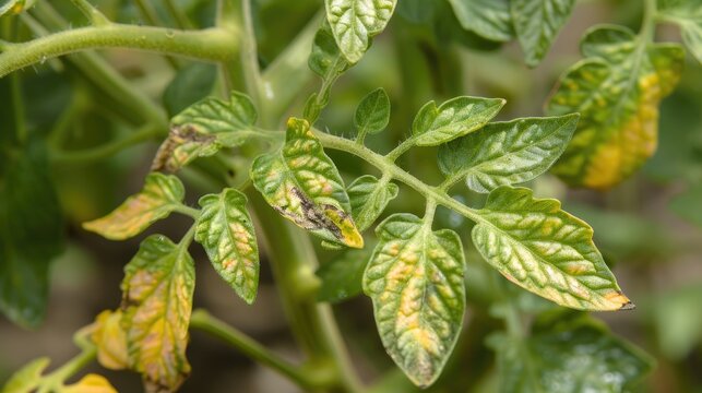 Drought stress and heat stress symptoms on tomato leaves Solanum lycopersicum abiotic stress symptoms in plants