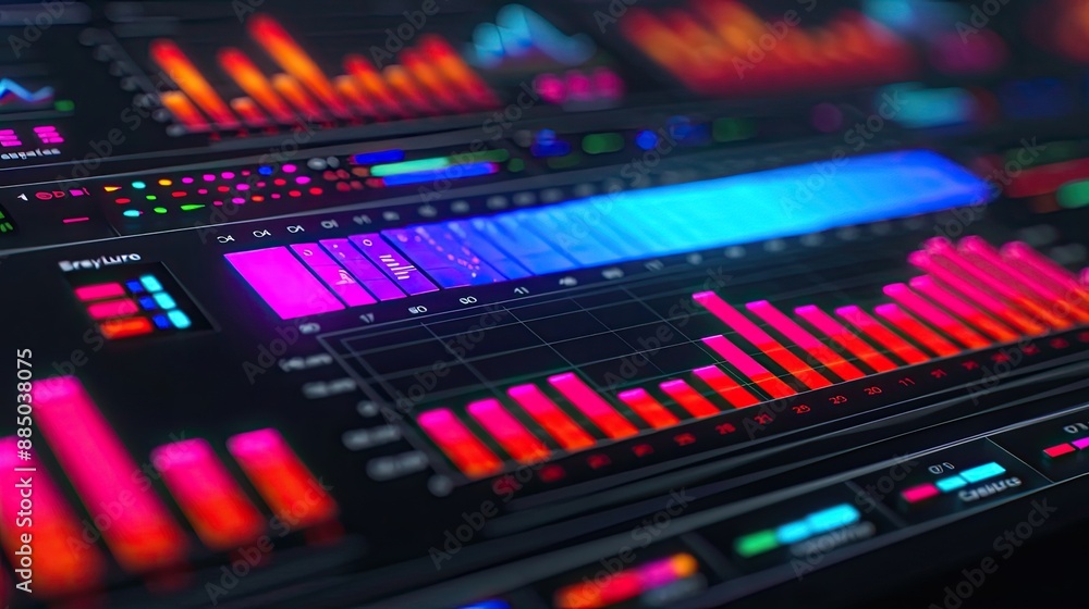 Poster colorful digital data visualization with bar charts and graphs, representing modern analytics, finan