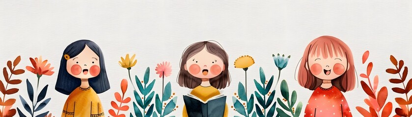 Colorful watercolor illustration of three happy children surrounded by vibrant flowers and leaves on a light background.